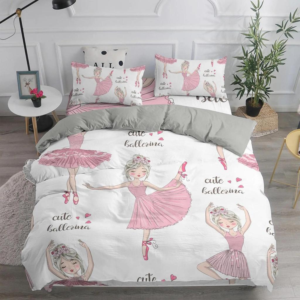 Carino Set Biancheria da Letto Principessa Ballerina Bambine Bambini 3 Pezzi Copripiumino Rosa Regalo di Compleanno per Bambine Decorazione Camera da Letto Misura Queen
