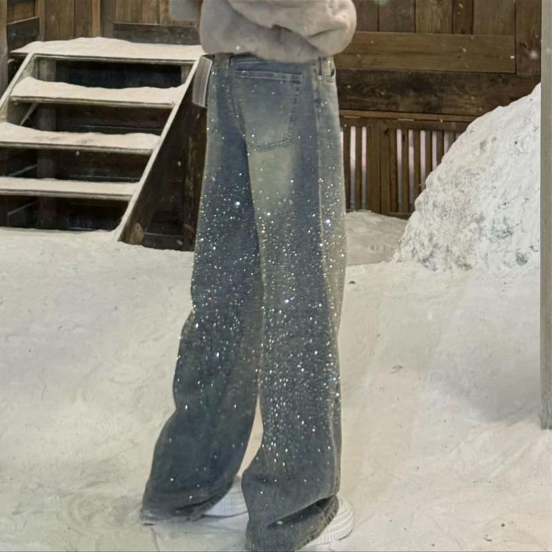 Women Wide Leg Jeans High Waist Sequin Embellished Gradient Wash Denim Pants Casual Fashion Trousers