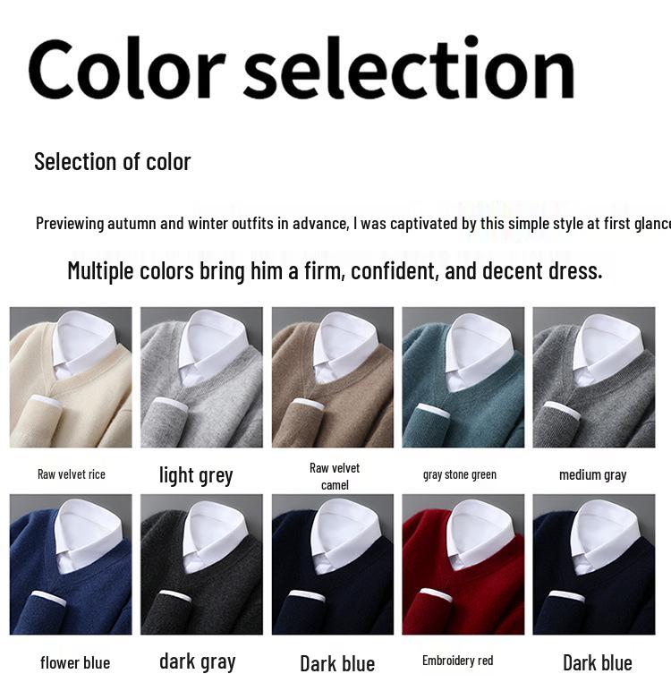 Men's 100% Wool V-neck Loose Fit Plain Pullover Sweater for Autumn/Winter.