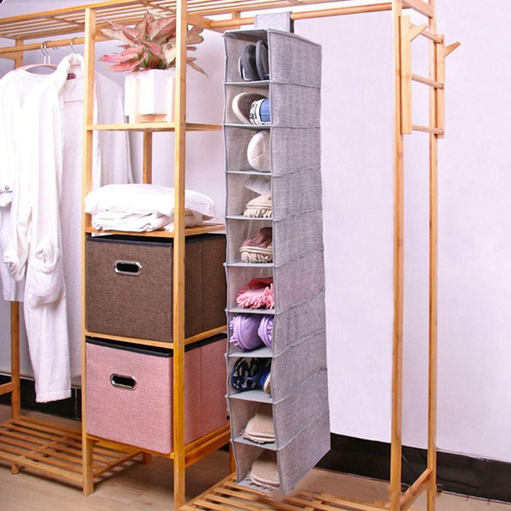 10 Grids Shoe Storage Rack Non-woven Sundry Hanger Pouch Foldable 10 Layer Hanging Bag  Closet