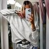 Women's Fashion Sequin Long Sleeved T-Shirt Round Neck Striped Pullover Top
