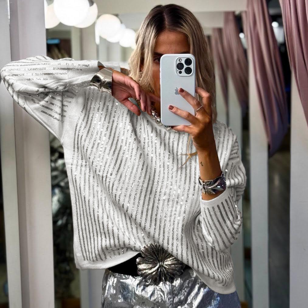 Women's Fashion Sequin Long Sleeved T-Shirt Round Neck Striped Pullover Top