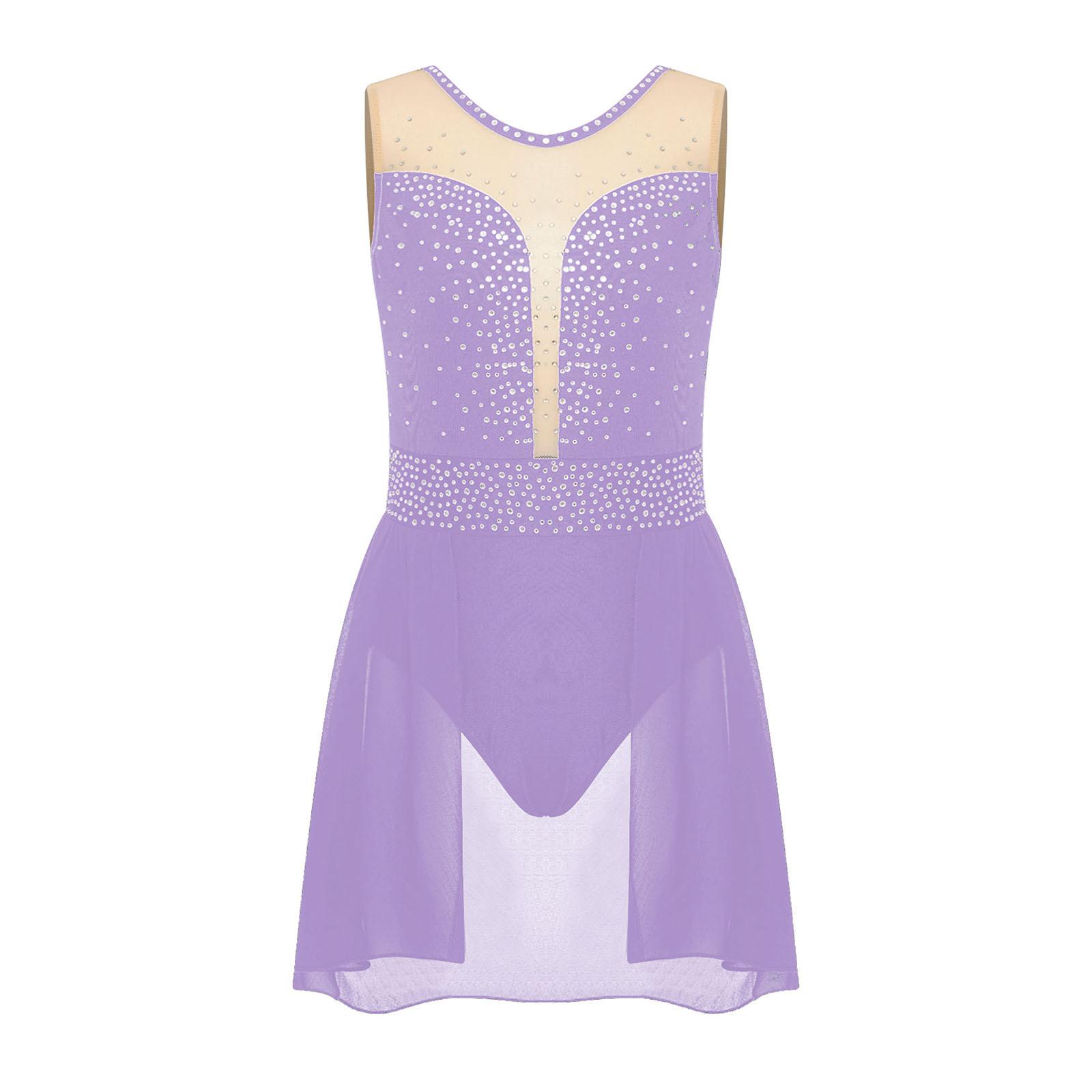 

Girls Lyrical Dance Performance Competition Costume Sparkly Rhinestones Crisscross U Back Skirted Leotard Dance Wear 5-6 Years світло-фіолетового кольору