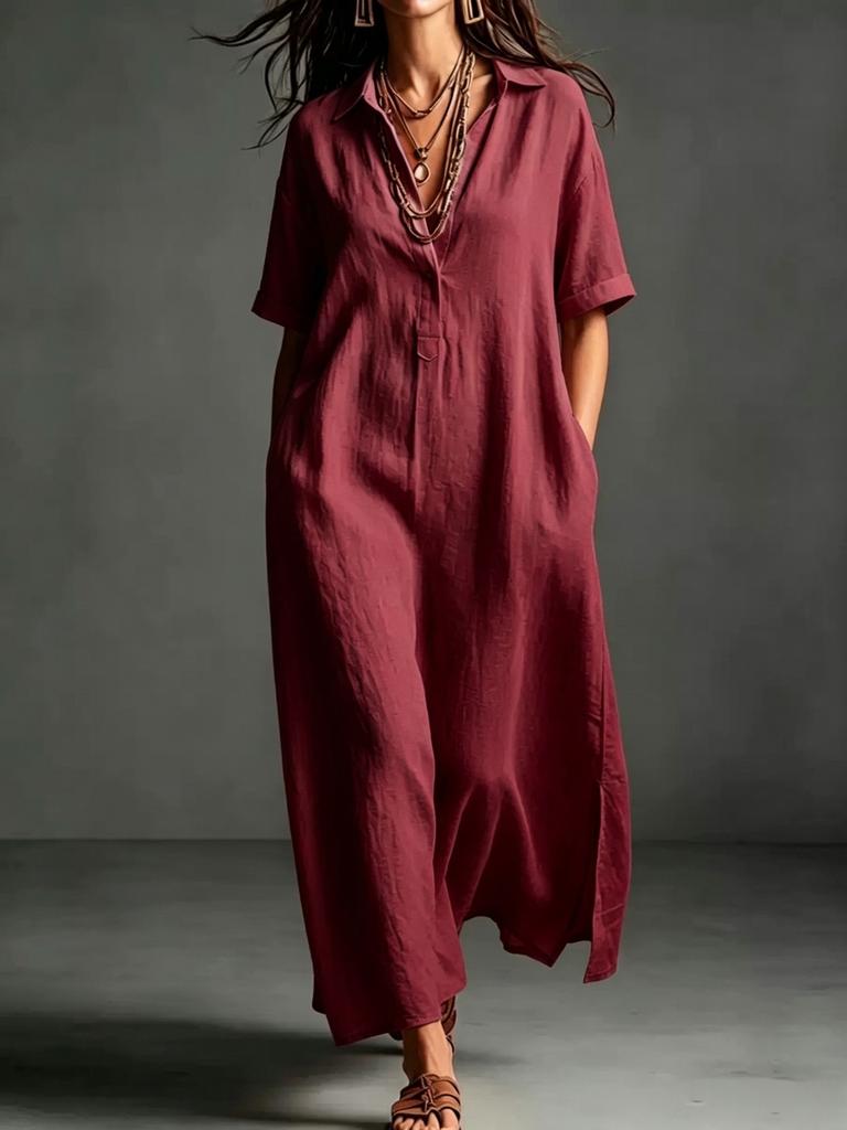 European and American women's clothing spring and summer new cotton and linen simple and elegant solid color short-sleeved lapel dress