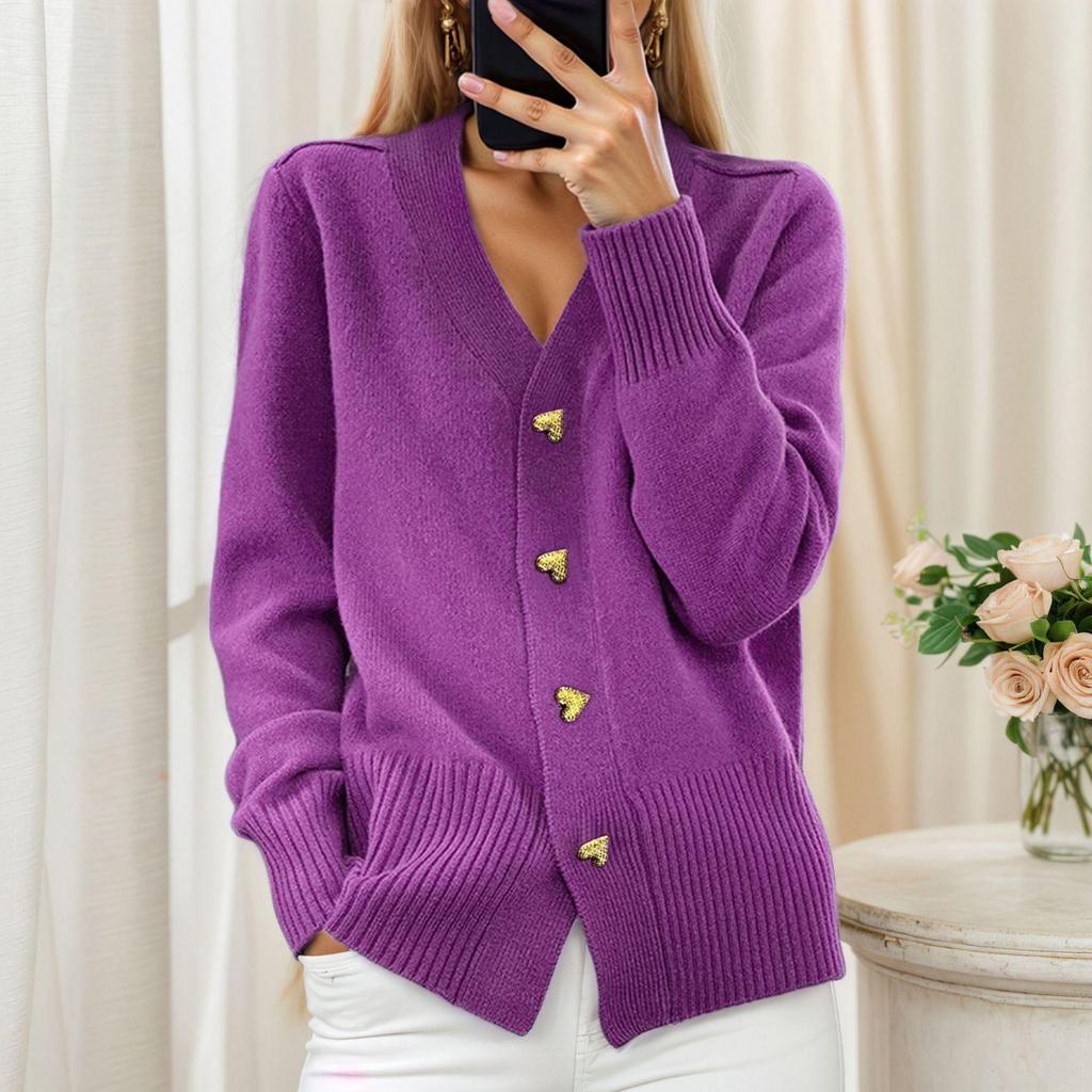 Women's Solid Color V-Neck Long Sleeve Buttoned Cardigan Sweater Coat