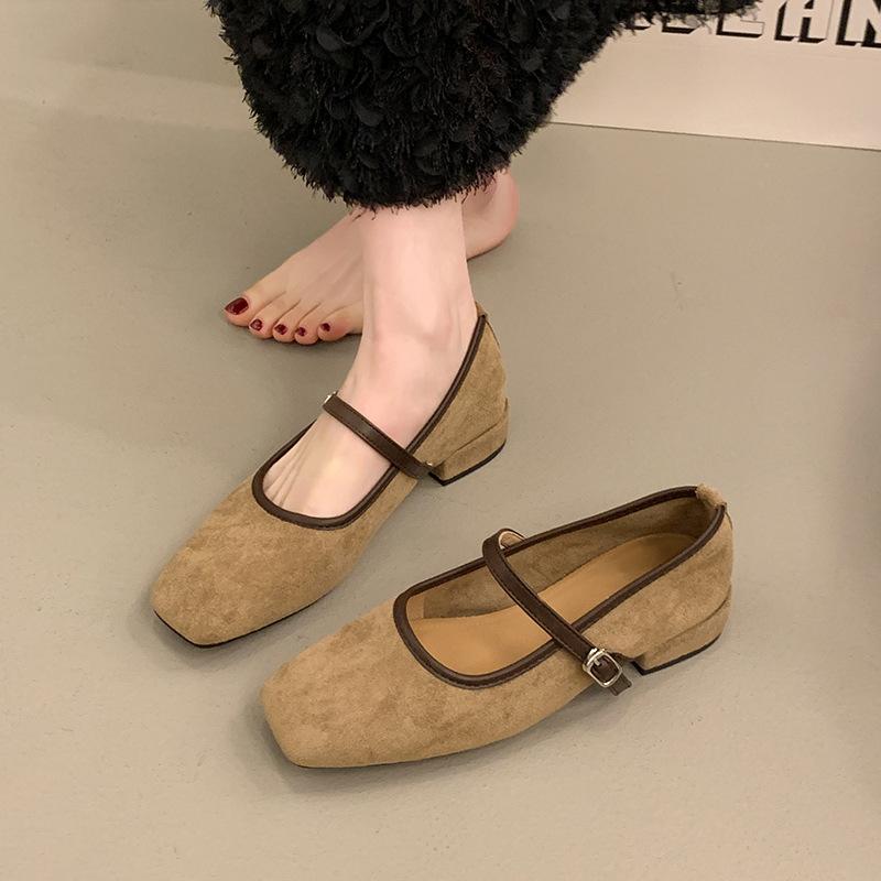 Retro suede square head shallow mouth single shoes women's shoes new spring and autumn French temperament low heel Mary Jane shoes