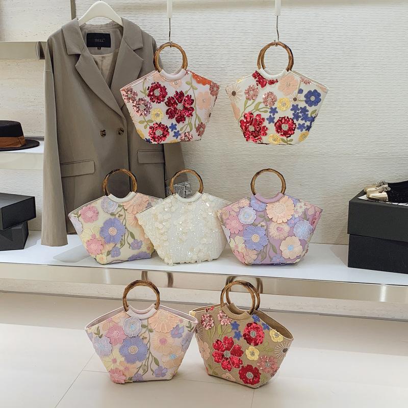 New Chinese Style Bamboo Knot Handbag for Women, New Mesh Embroidery Sequin Decal Holiday Style Tote Bag