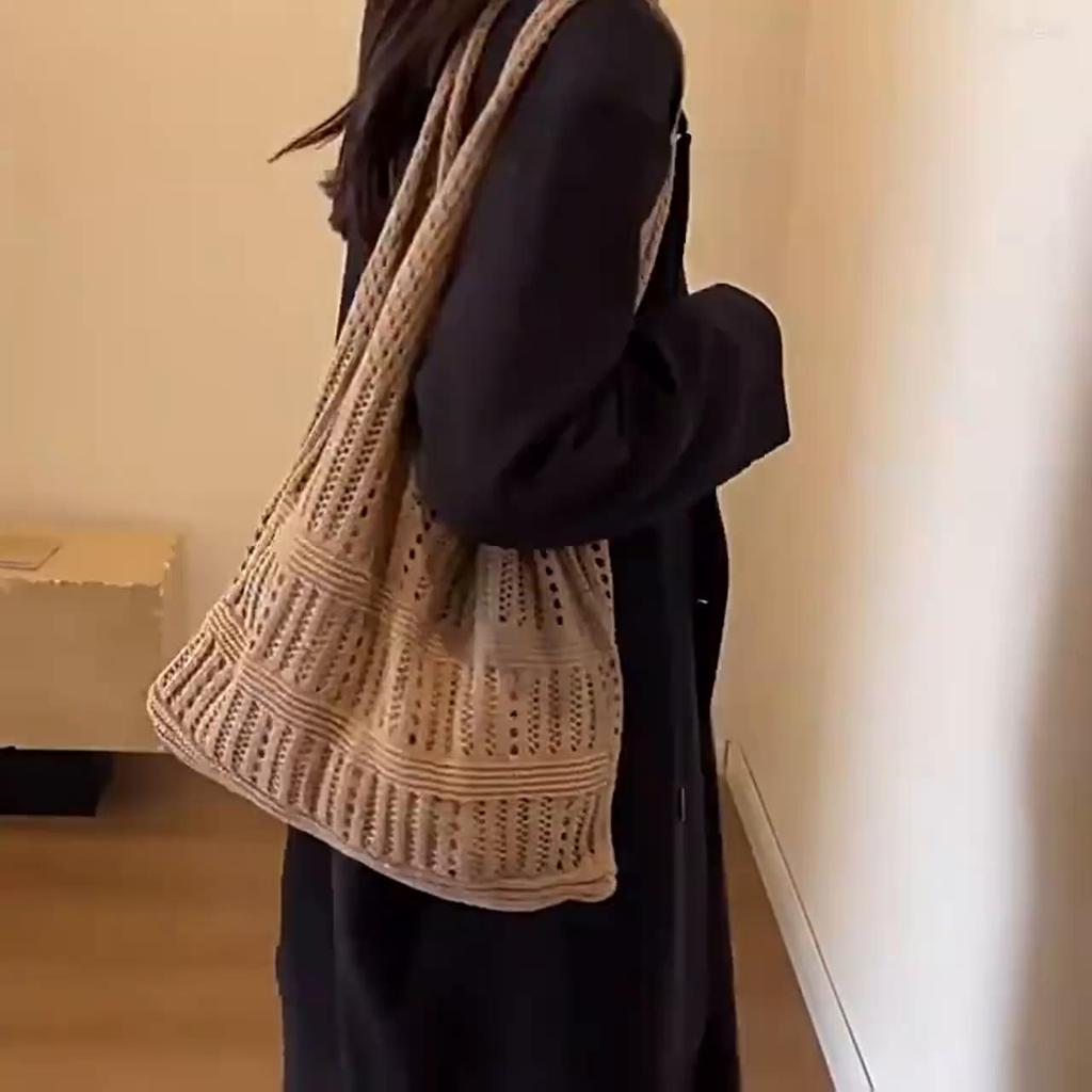 Hollow Knitted Crochet Handbags Beach Lightweight Students Shoulder Casual Tote Female Shopping Woven Bags For Women Girls AVE