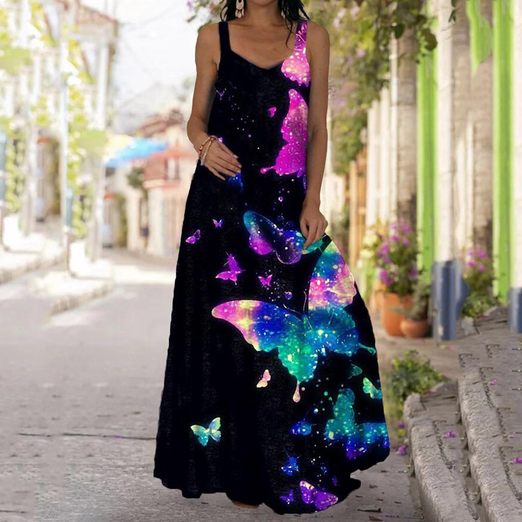 Women's Casual Maxi Dress Print V Neck Sleeveless Cami Dress with Pockets