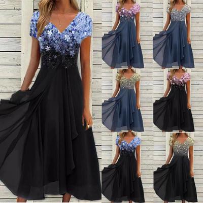 Blumenkleid mit V-Ausschnitt und Print, taillenbetontes, elegantes Chiffon-Spleißkleid für Damen, kurzärmeliges, lockeres Kleid, lässiges Kleid