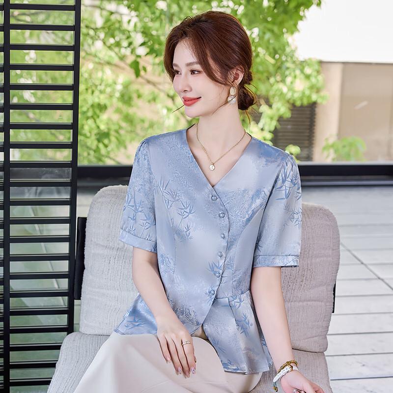 Women's Mid-Aged Summer Short Sleeve V-Neck Floral Top