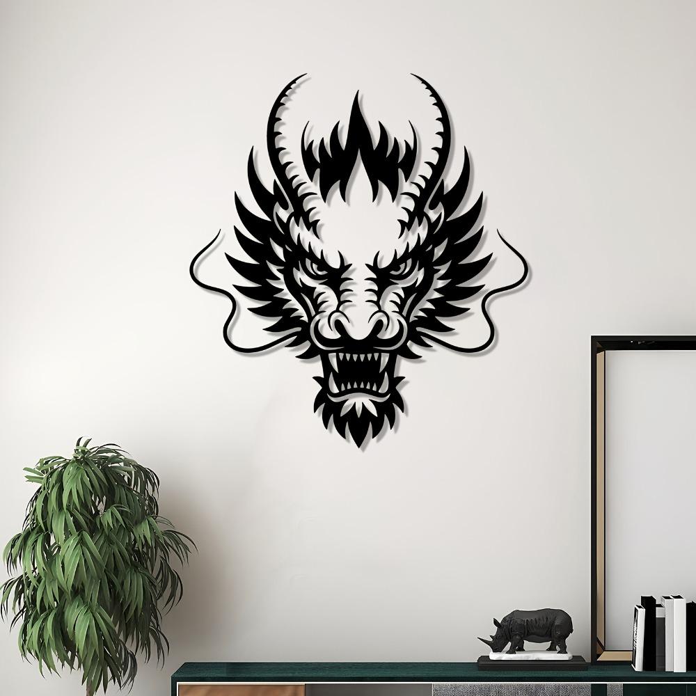 Dragon Head Metal Wall Art Fierce Iron Sculpture Rust Resistant Mythical Creature Wall Mounted Fence Living Room Decor New Year Halloween Gift