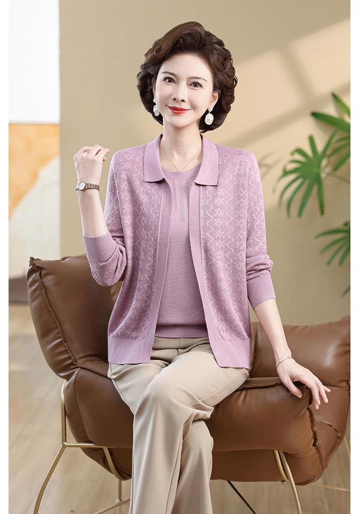 2026 Spring Women's Plus Size Knit Two-Piece Set: Small Cardigan & Long Sleeve Top for Middle-Aged Ladies