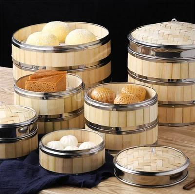 Bamboo Food Steamer Basket with Stainless Steel Banding No Lid Bun Steaming Basket Dumplings DimSum Cage Cooker Kitchen Gadget