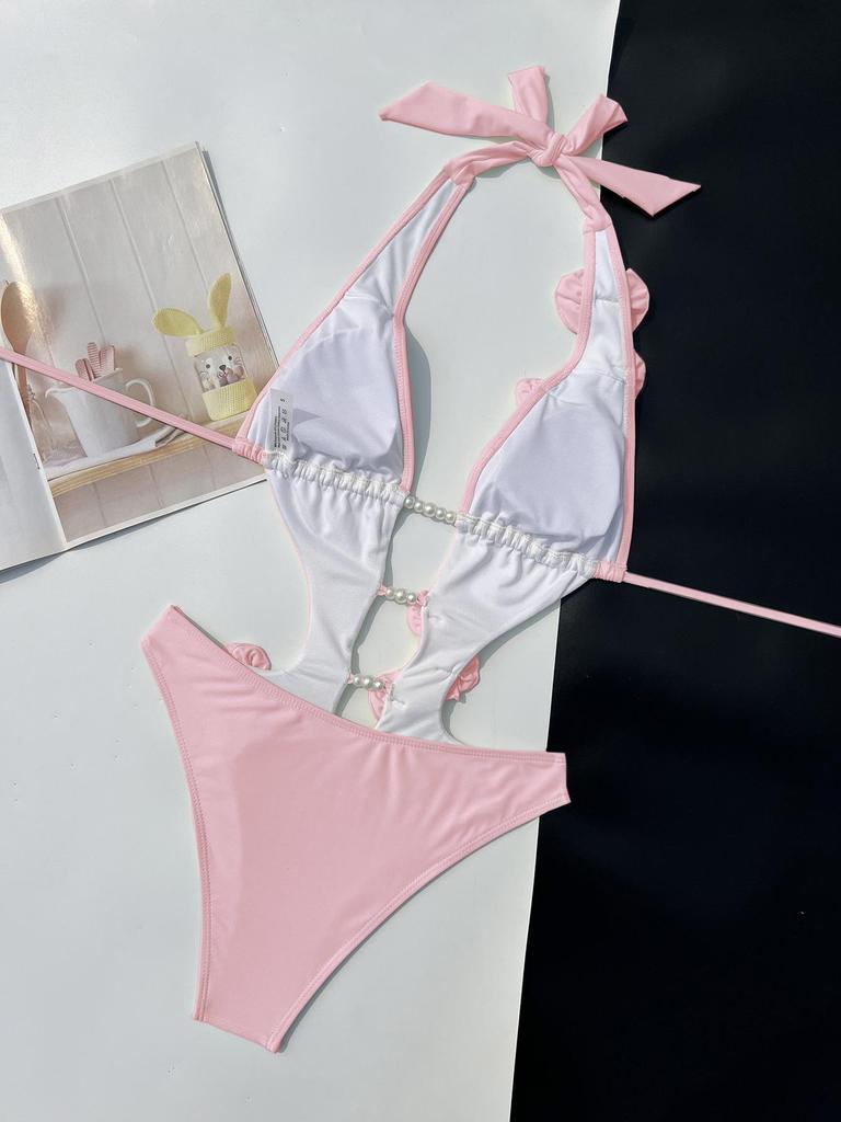 Einfarbiger Bindebikini mit Perlenblumen-Dekoration für Damen