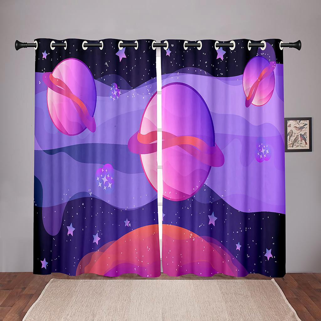 Thick 90% Shading 2PiecesCartoon Space Planet Universe Blackout Window Curtain For Bedroom Living Room Bathroom Kicthen DoorHall