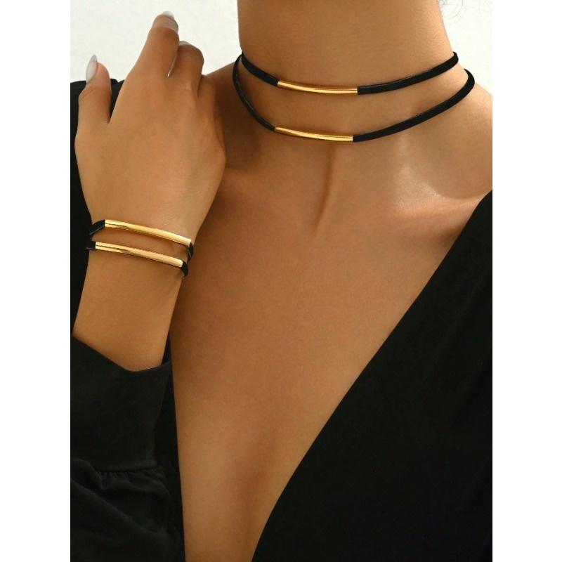 Leopardenmuster Metallisch Kreativer Europäischer & Amerikanischer Stil Linienkette und Armband Set, Herbst/Winter