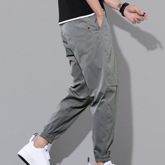 Men Pants Solid Color Elastic Waist Drawstring Ankle-banded Cargo Pants for Daily Wear