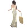 Holiday Style Sexy V-neck Floral Suspender Dress Women's Summer Backless Slim Waist Hip Fish Tail Long Skirt