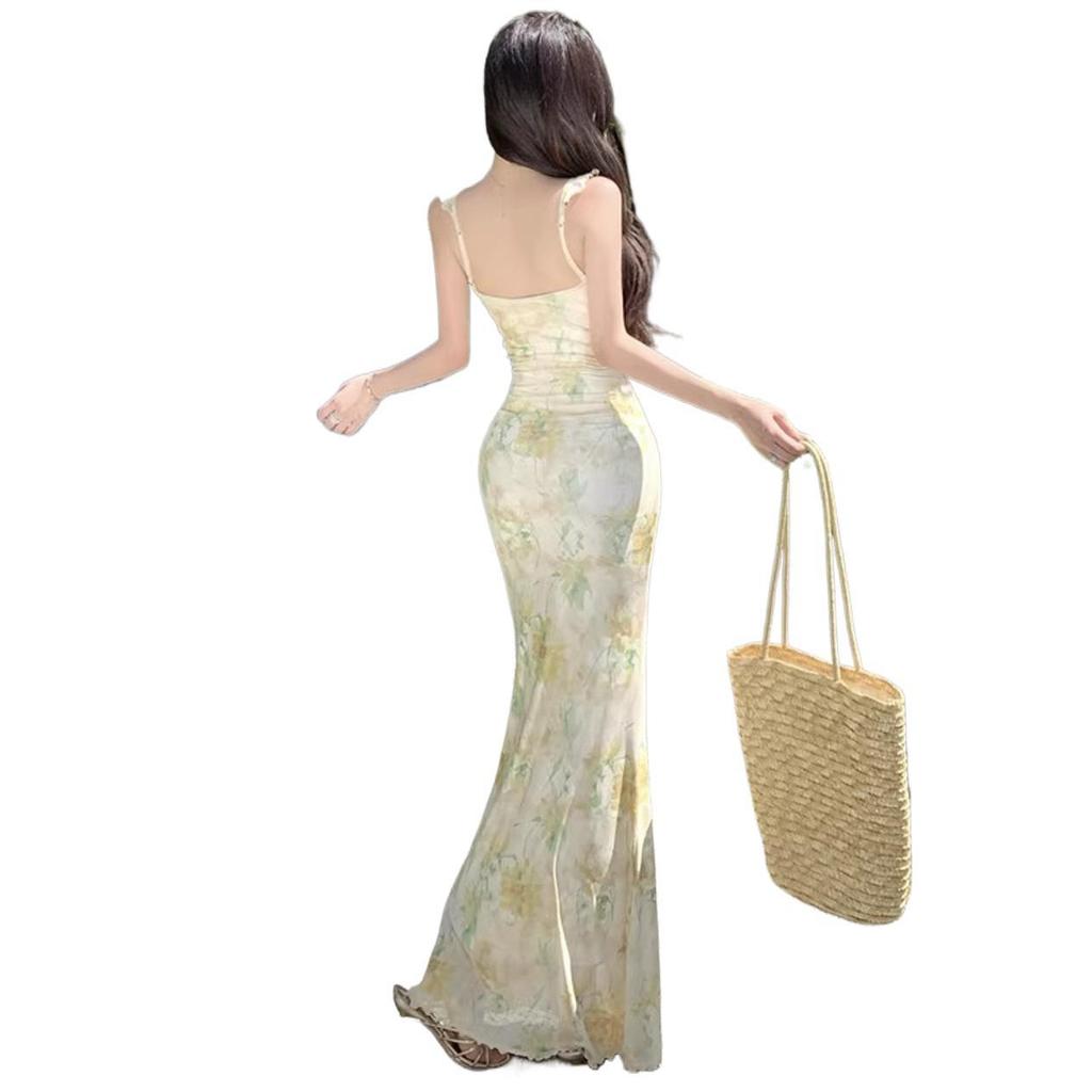 Holiday Style Sexy V-neck Floral Suspender Dress Women's Summer Backless Slim Waist Hip Fish Tail Long Skirt