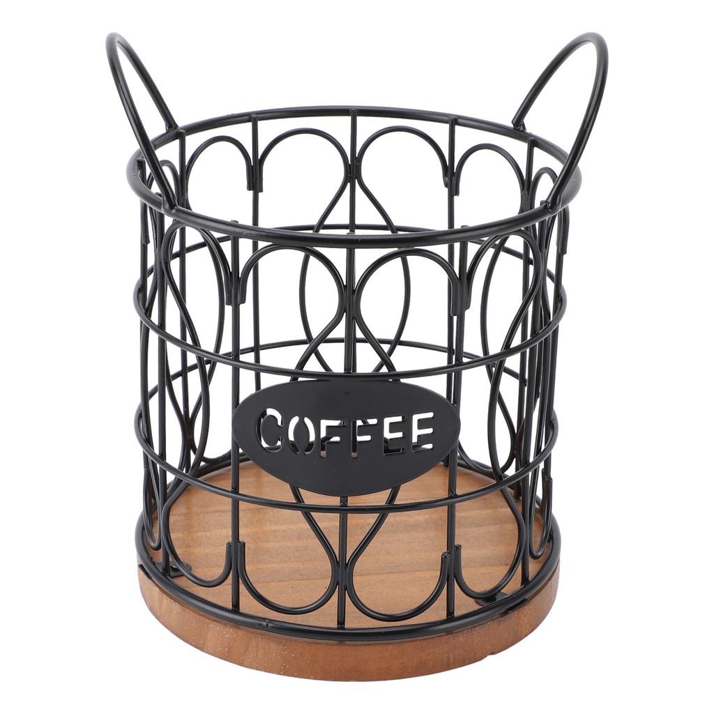 Coffee Pod Basket Decorative Round Wire Coffee Capsule Holder with Wooden Base for Cafe Kitchen Countertop