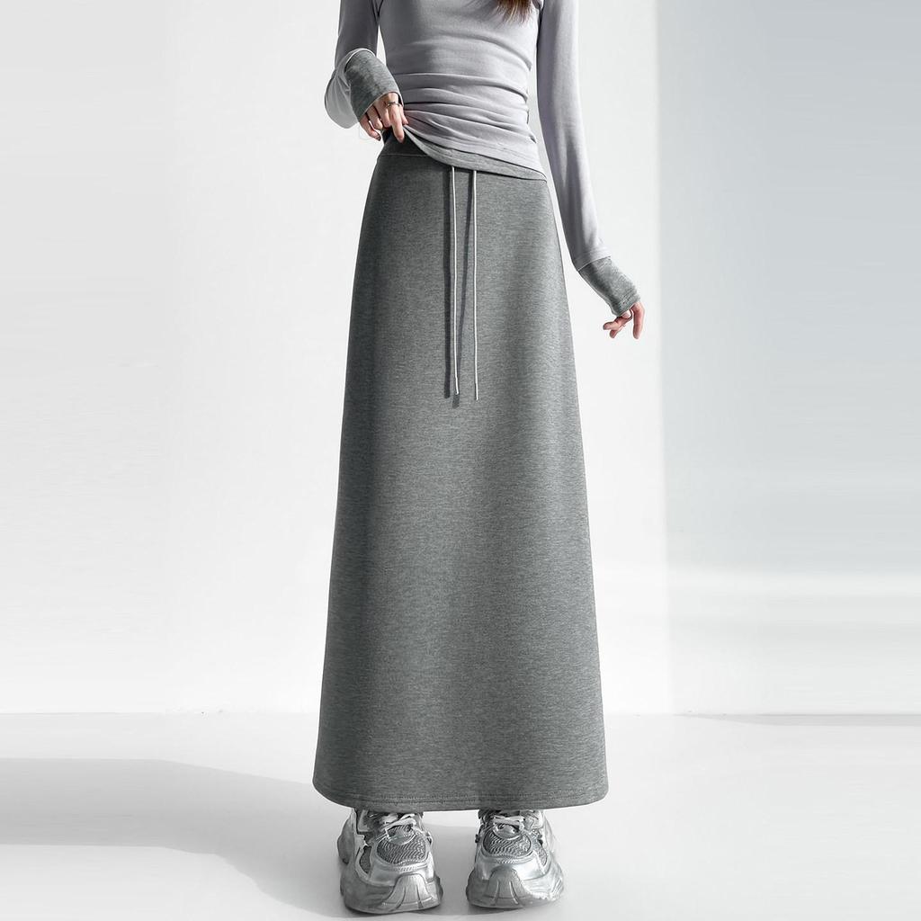 Women's Gray Elastic Waist A-Line Mini Skirt - Sporty High Waist, Bodycon, Slit, Casual Autumn Wear for Petite