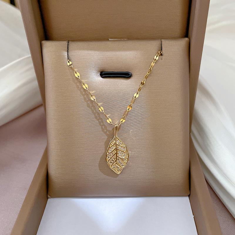 316L Stainless Steel Tree Leaf Pendant Necklace Cubic Zircon Clavicle Chain Necklace For Women Girl Gifts Jewelry