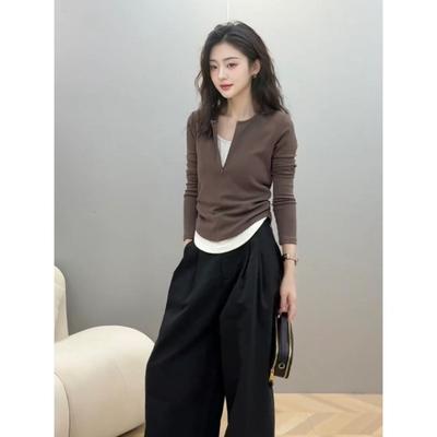 Waist Pleated Fake Two-piece Top Women's Spring Semi-zipper Irregular Long-sleeved Shirt Design Sense Top Tide