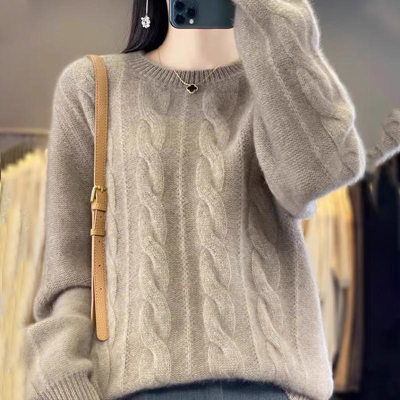 Spring Autumn and Winter Round Neck Solid Color Knitwear Vintage Fried Dough Twists Pullover Women Thick Slim Sweater Long Sleeve Warm Top Casual