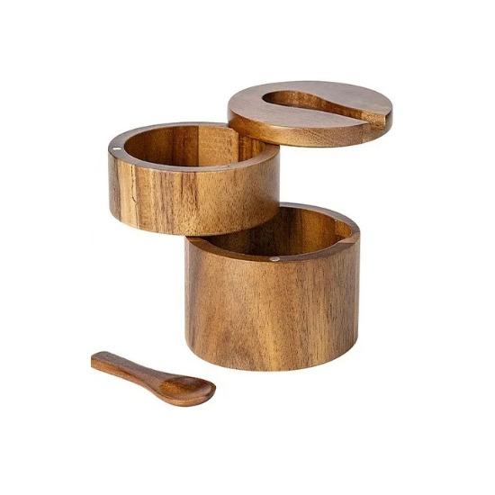 Akacjowe drewno Pojemnik na sól Pudełko na przyprawy Pojemnik na pieprz Z magnetyczną obrotową pokrywką Przechowywanie kuchenne Słoik na przyprawy Butelka na przyprawy Solniczka