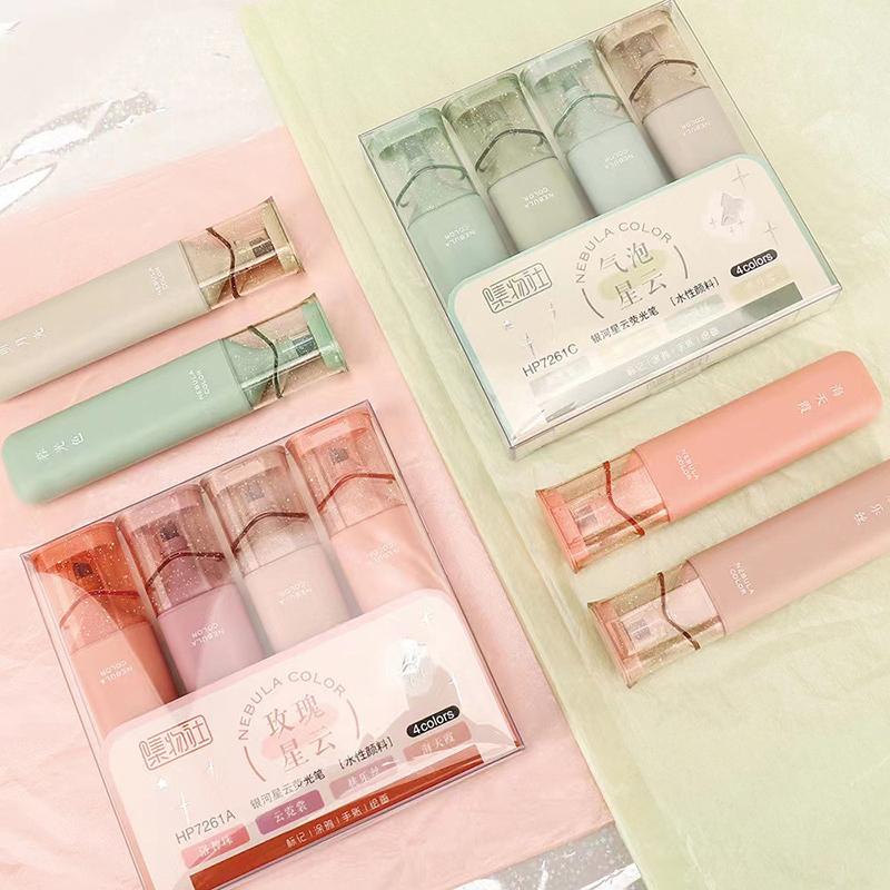 4 Pcs/Set Pastel Clear Color Oblique Head Highlighter Pen Cute Rose And Moon Art Drawing Pen For Students Supplies Stationery