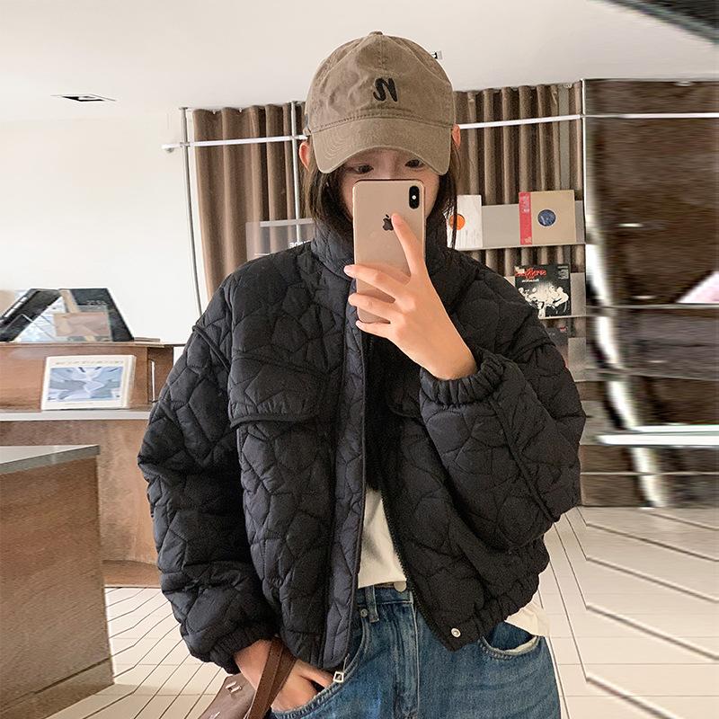 Small Man Age-reducing Design Sense Drawstring Buckle Waist Short Cotton Clothes Loose High Neck Long Sleeve Jacket Women