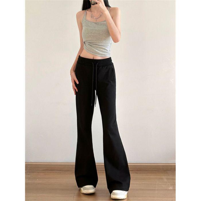 Women's Gray Low-Waist Flare Pants - 2025 Spring Drawstring Casual Slimming Straight Leg Trousers
