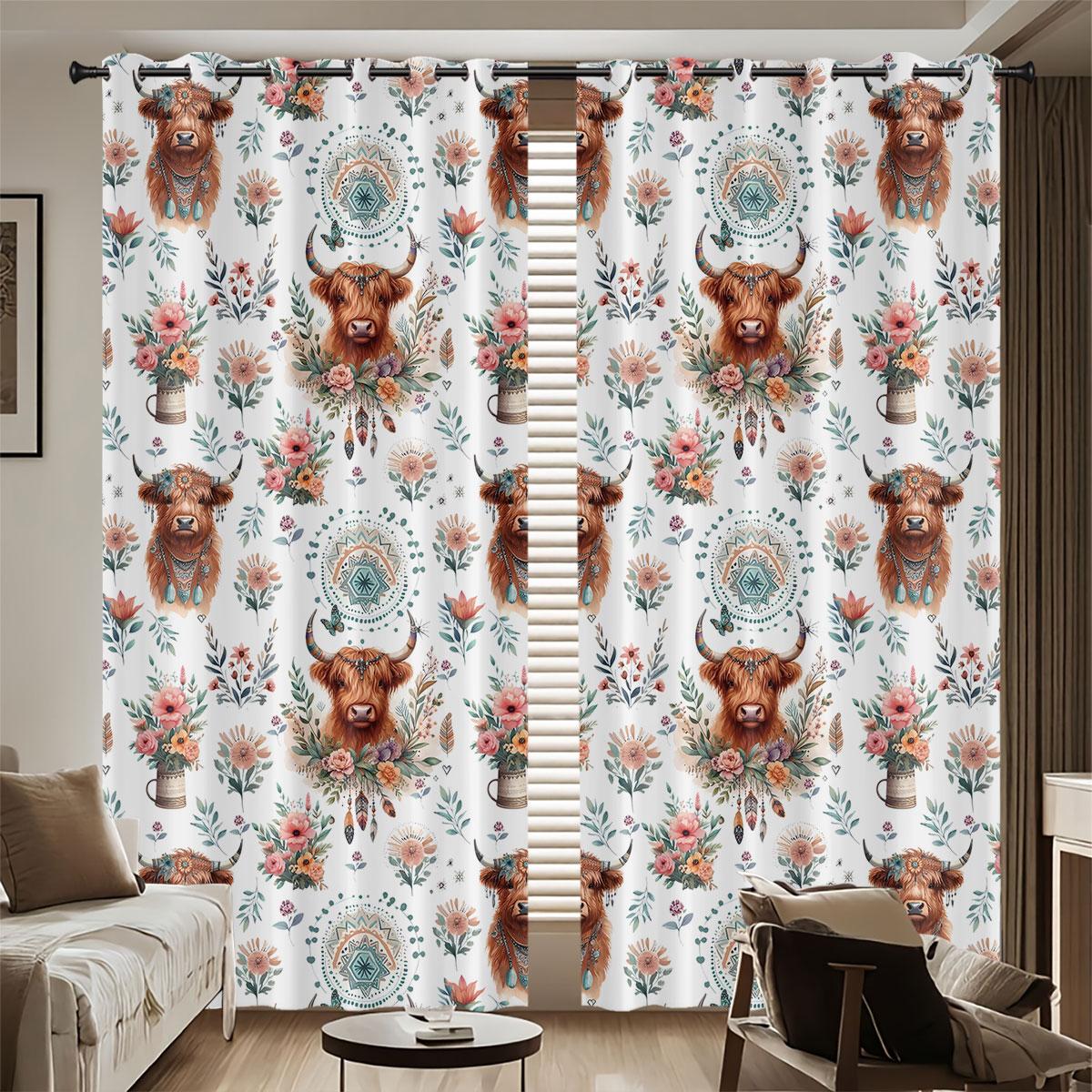 

2pcs Beautiful Flowers Highland Cow Print Punched Light Blocking Curtains Multi Size Living Room Bedroom Insulation Decoration 140x160&Grommet Top