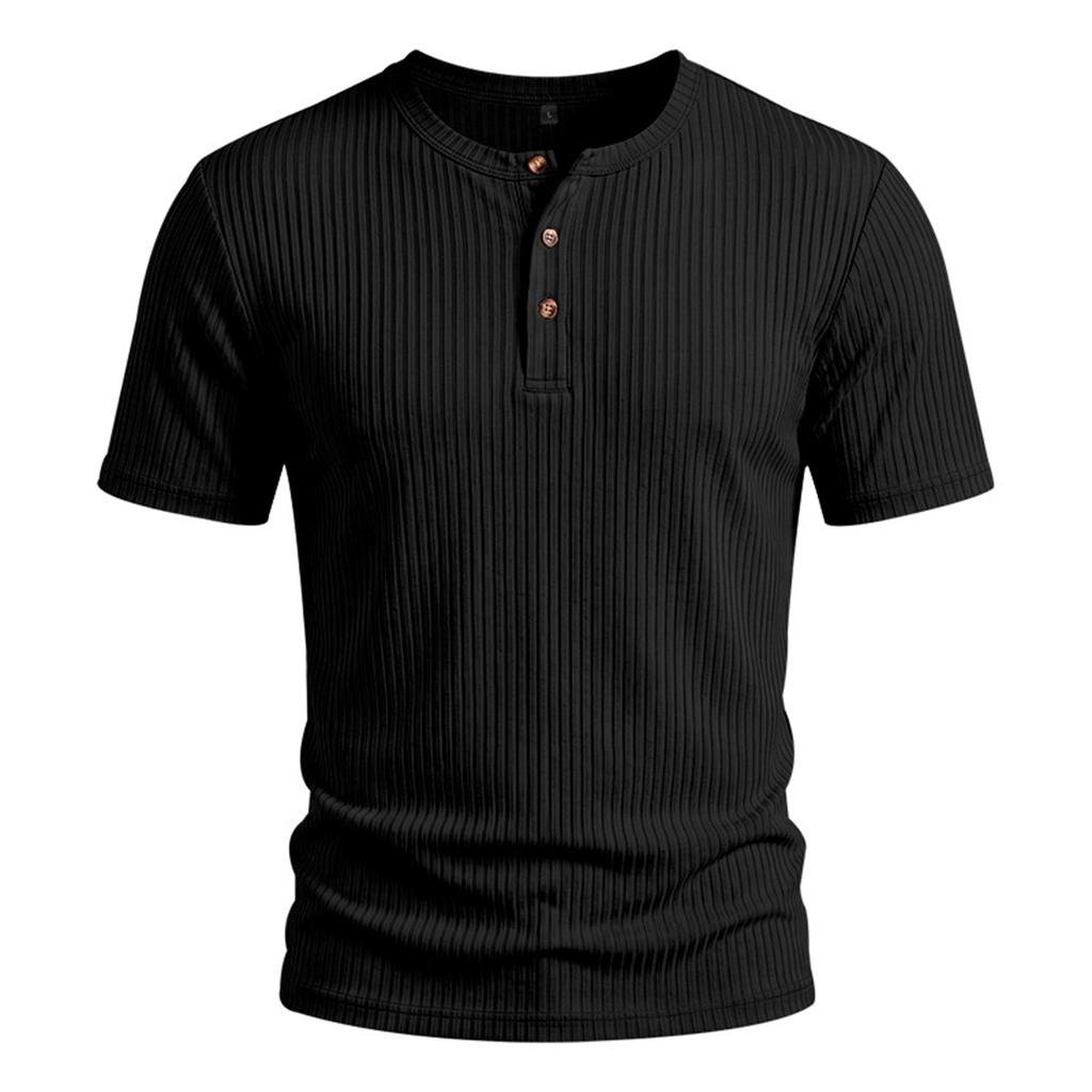 Men's Casual Lightweight Ribbed Henley Shirt Short Sleeve Buttoned Neck Slim Fit Soft Breathable Fabric Summer Top