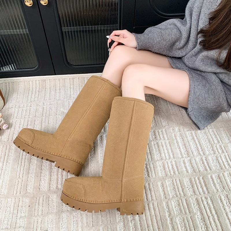 Wide Cycle Snow Boots Winter New Round Toe Suede Plush Warm Platform Block Heel Tall Boots
