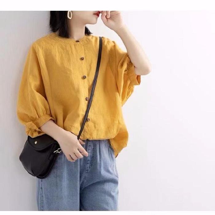 

Модна жіноча сорочка з бавовни та льону 2024 року: Проста літературна літня мода в корейському стилі 5XL жовтий