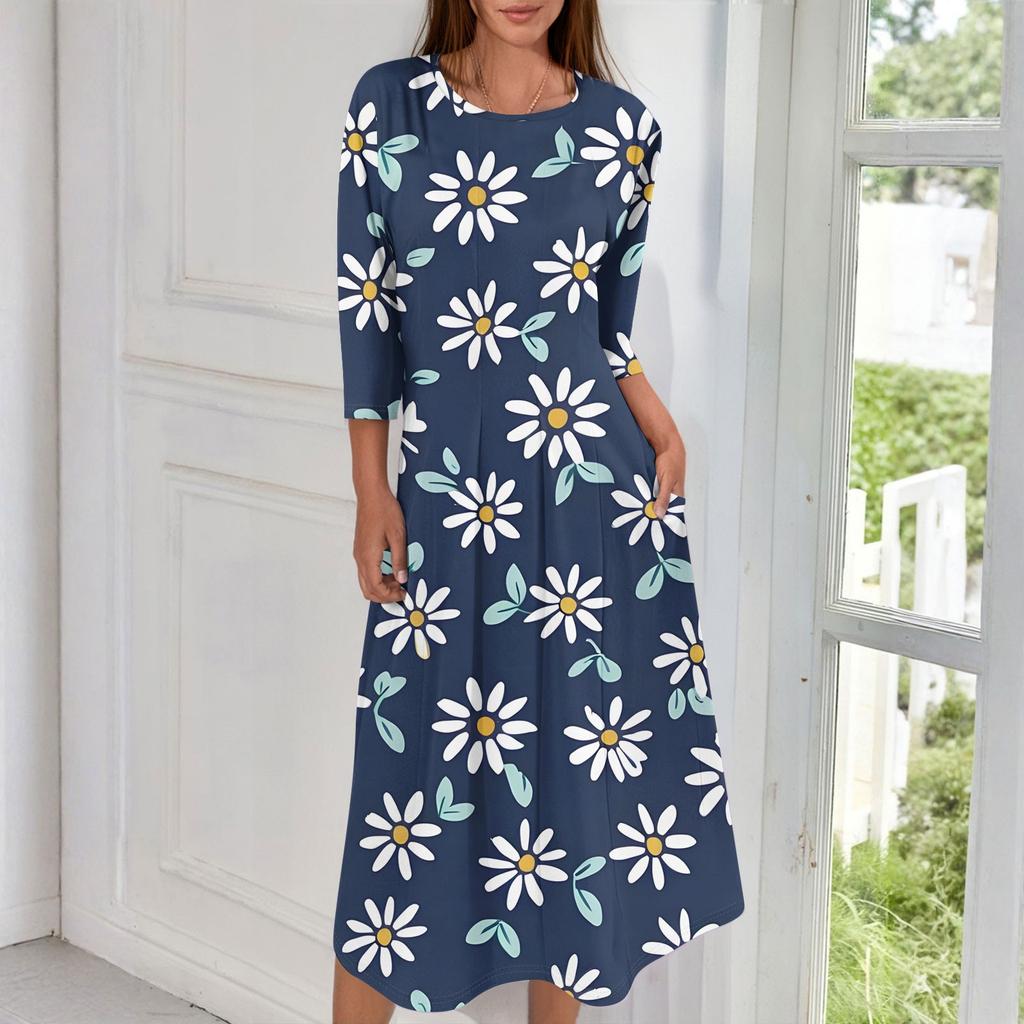 Rochie midi casual de damă la modă, cu gât rotund și mâneci trei sferturi