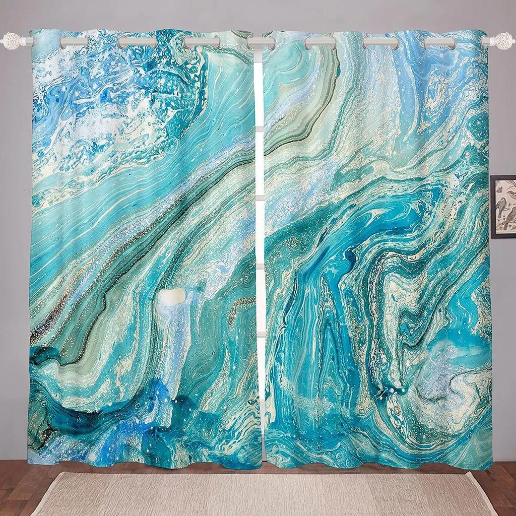 2pcs Black Golden Fluid Marble Print Polyester Curtain Window Treatment For Bedroom Office Kitchen Living Room Study Home Decor