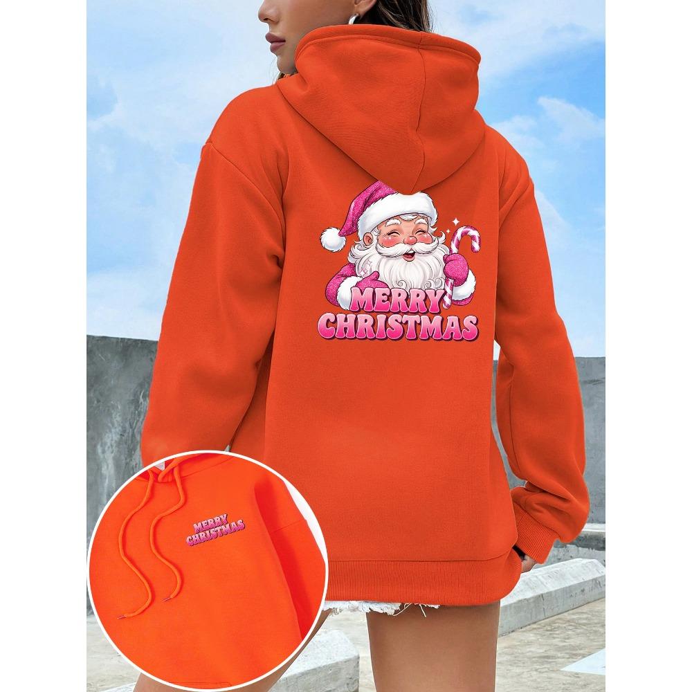 

Merry Christmas Pink Santa Claus Pattern Women Autumn Pocket Hoodie Warm Comfy Sweatshirt Loose Clothes Casual Sports Top XL