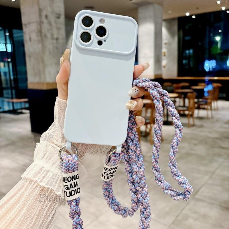 Candy Cute Lanyard Case For iPhone 16 Pro Max 12 11 13 15 14 Pro Shockproof Solid Braid Crossbody Neck Cord Strap Soft Cover