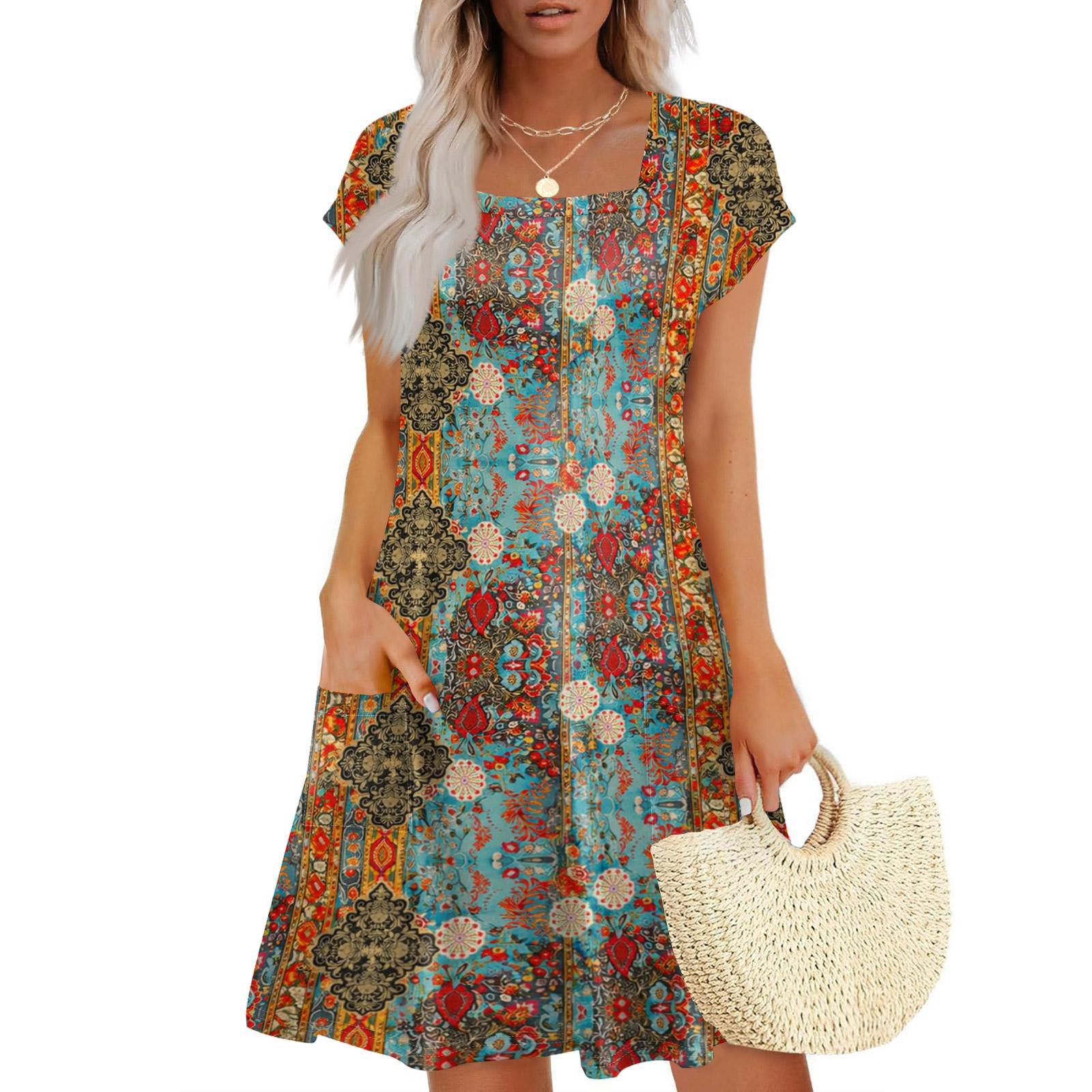 

Летние платья для женщин свободного кроя с квадратным вырезом, с рукавами-фонариками, повседневные, пляжные, для отпуска, платье-футболка, сарафаны с карманами M зелёный