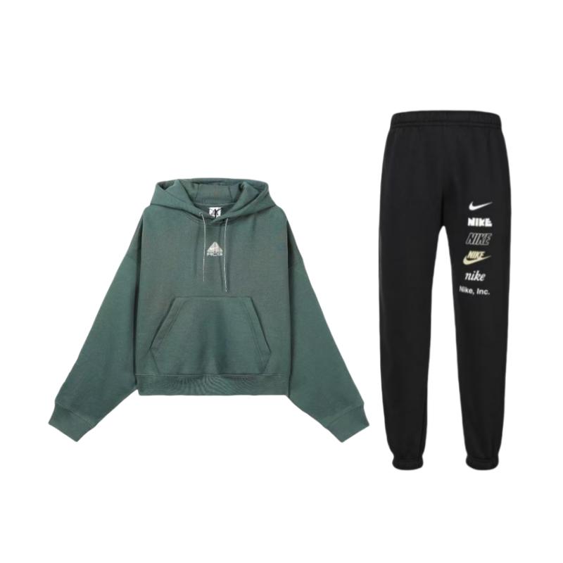 

Nike Letter Pattern Hooded Pullover Long Sleeve Fleece Warm Casual Cuffed Knit Sports Pants Sweatshirt Set Unisex Sweatshirt Set DX0796-010+DQ5808-309 S