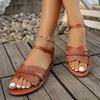 Fashion Plus Size 2025 Summer Women's Open Toe Sandals Round Toe Rome Elastic Band Flat with Weave Sandals Outdoor Casual Beach Shoes