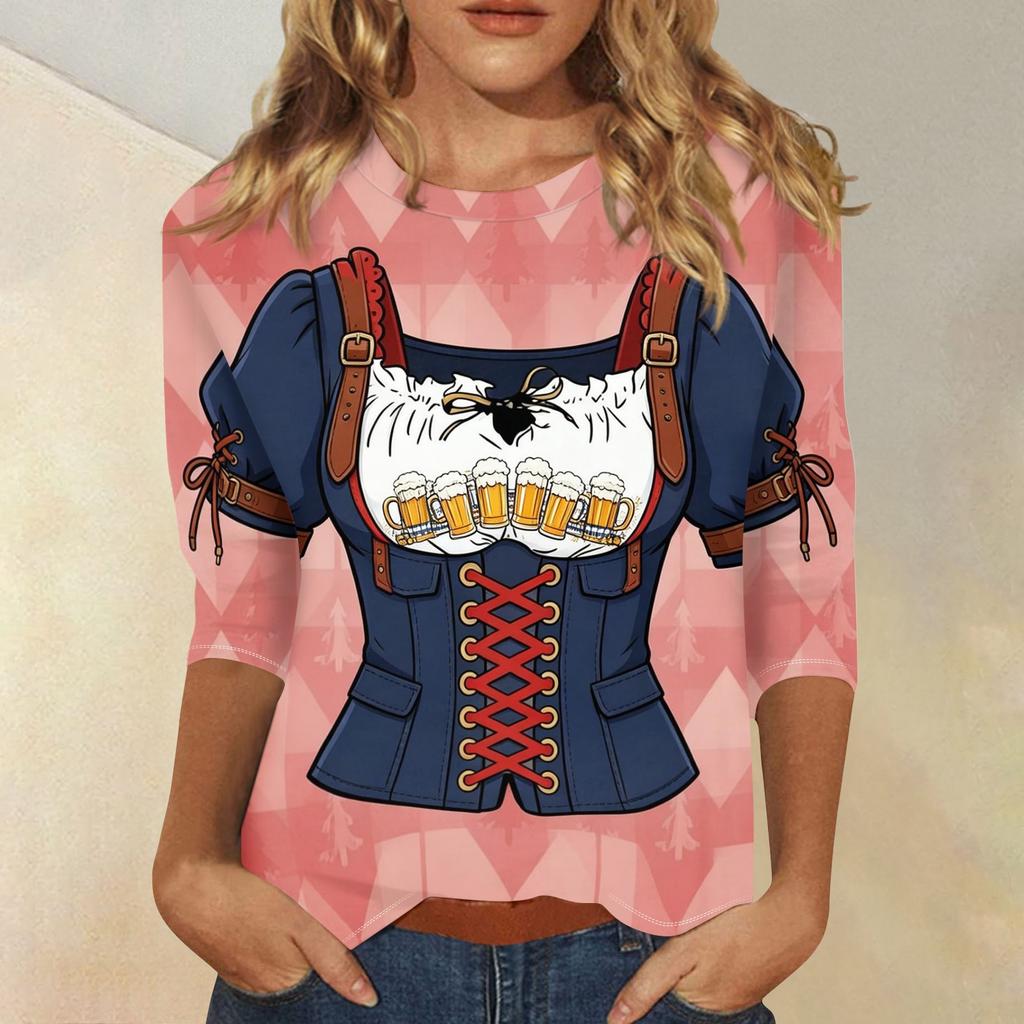 Women Casual Three Quarter Sleeve Oktoberfest Print Round Neck Shirt Lightweight Comfortable Fit Stylish Design