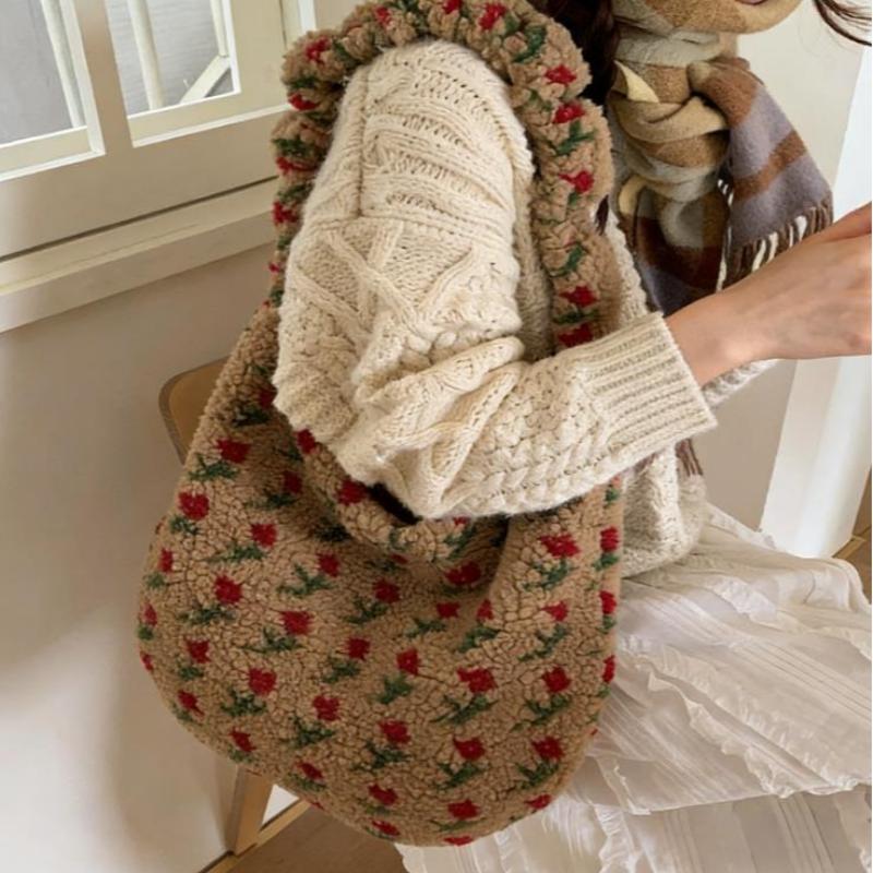 Bohemian Knitted Hobo Bag Women's Vintage Ethnic Pattern Plush Shoulder Purse Soft Winter Large Capacity Commute Crochet Handbag