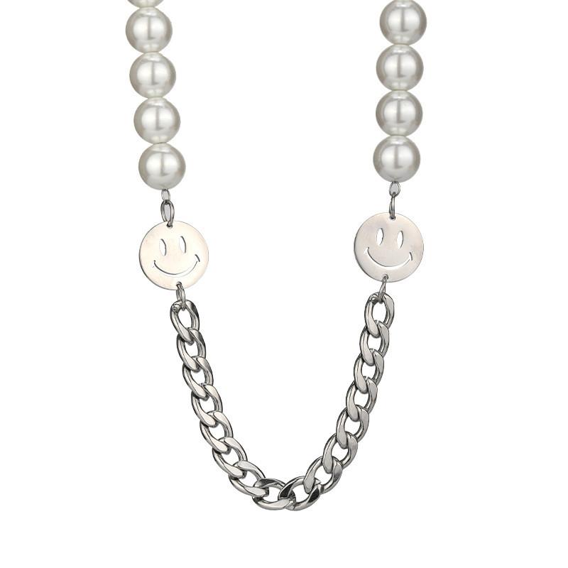 Stylish Titanium Steel Pearl Necklace With Double Smiley Face Design For Men And Women