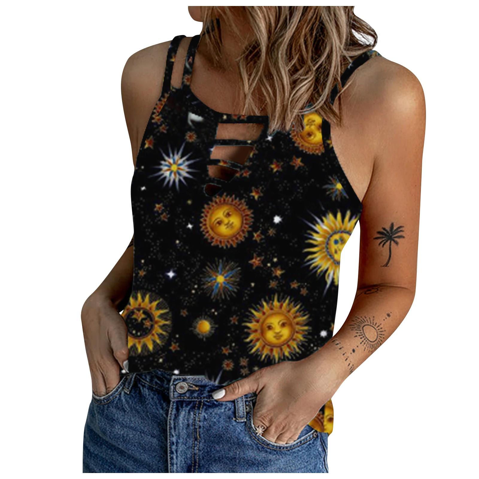 

(SU)Женская летняя повседневная футболка без рукавов с круглым вырезом и принтом