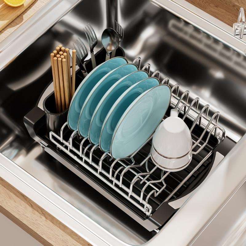 Expandable 2 Level Dish Drainer With Removable Storage For Small Kitchen Countertop Space Saving Design