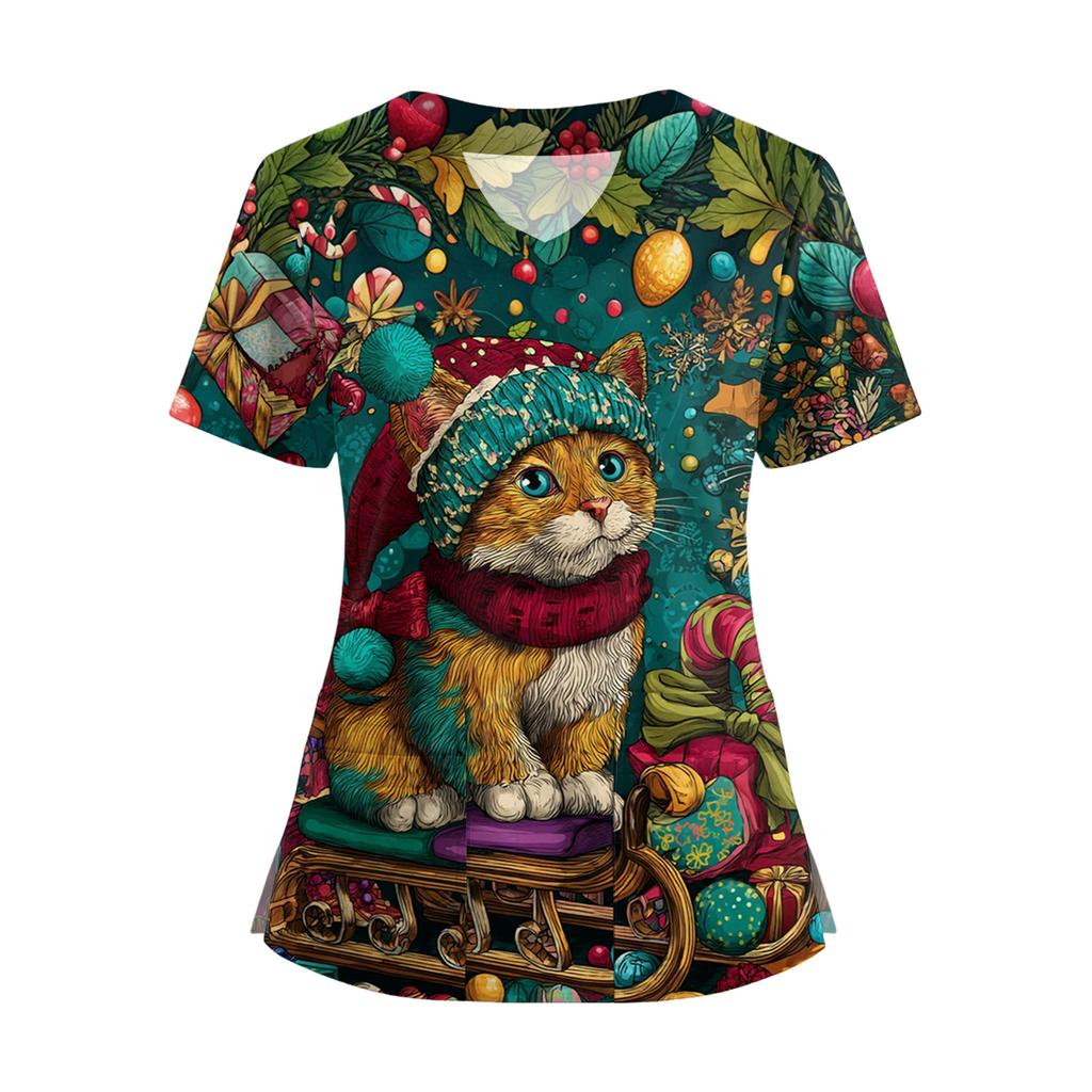 Damski T-shirt z krótkim rękawem z nadrukiem świątecznym, dekoltem w serek, zapinany na guziki z rozcięciem z boku